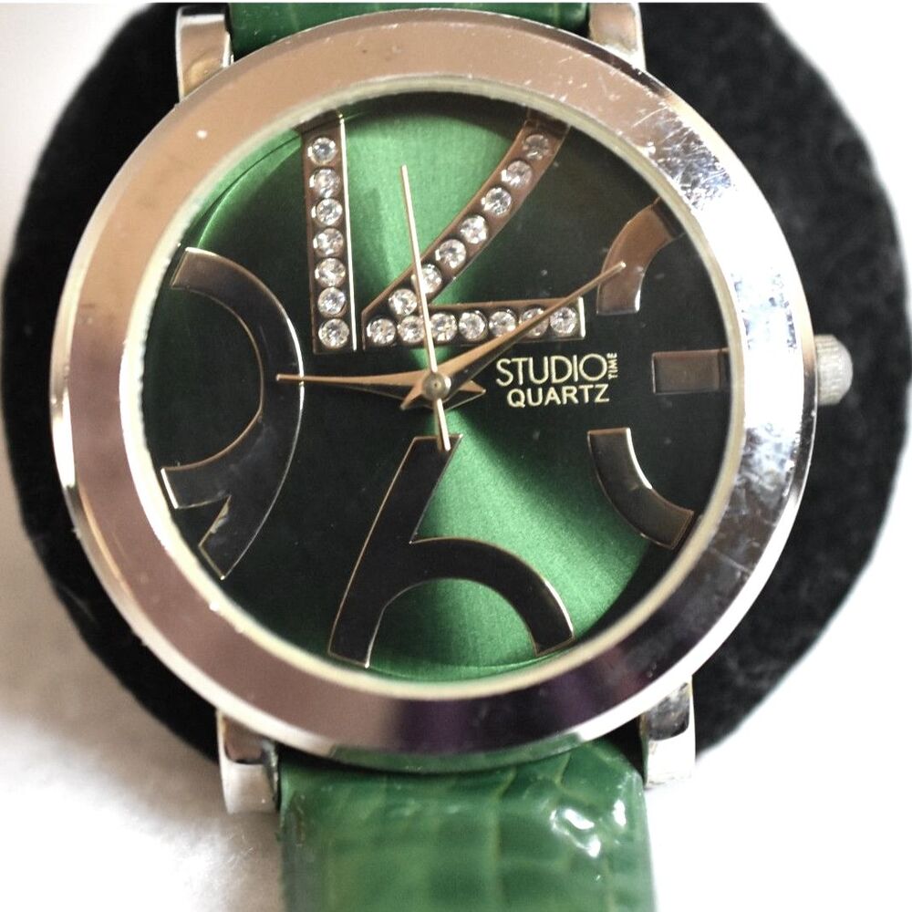 Studio Quartz Green On Green Rhinestone Accent Silver/Gold Tone Working Watch